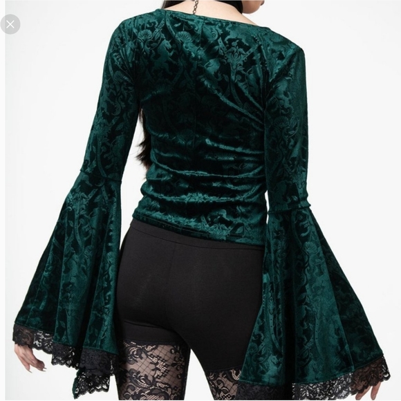 Emerald Aetheling velvet top Unicorn print Ethereal alt goth bell sleeve - Picture 4 of 5